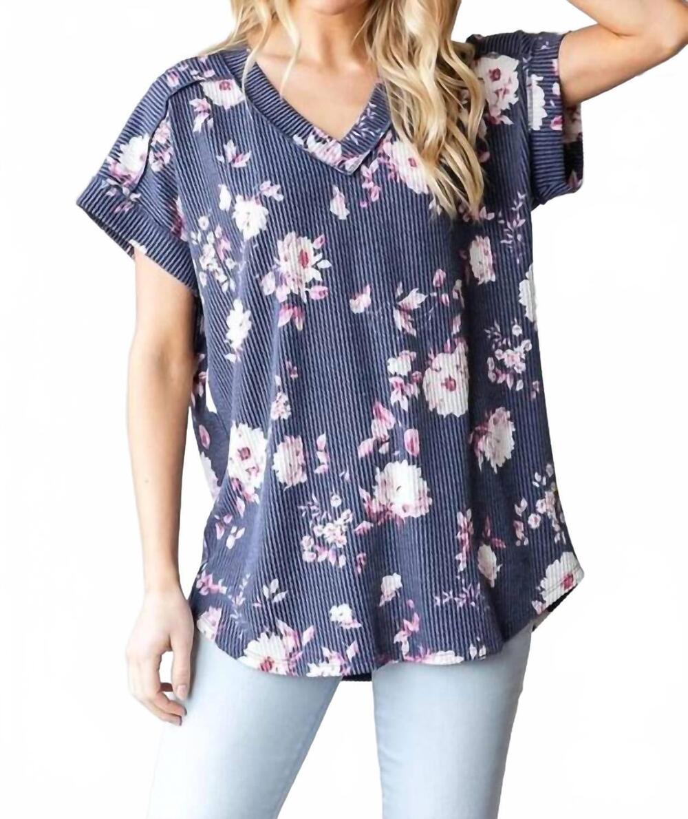 NEW HEIMISH USA women's dolman short sleeve v neck top in navy floral